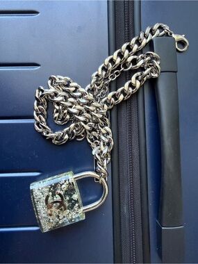 Silver Chain Padlock Necklace with Glitter Pendant Chanel Supermarket Collection
